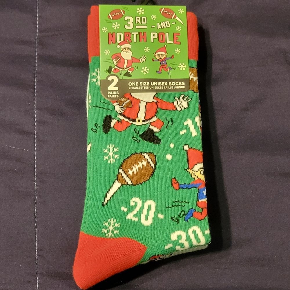 Green Christmas Socks with Santa and Football Design